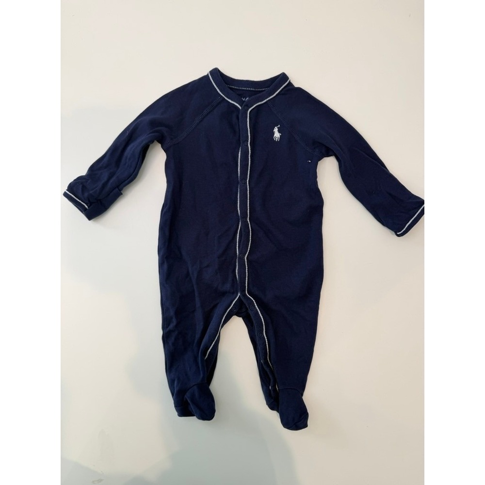 Ralph Lauren Navy Cotton Jersey Long Sleeve Footed Coverall with Snaps, Size 3M